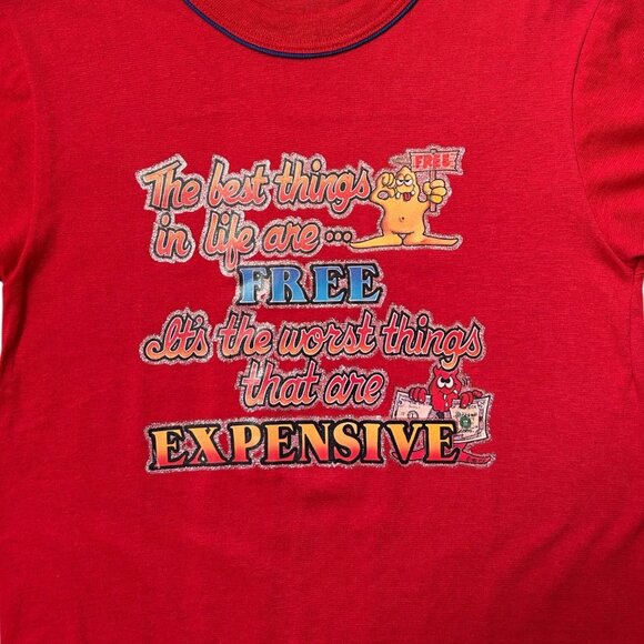80s Vintage “Best Things in Life are Free” T-shirt Iron On Angel Devil Cartoon. - Picture 2 of 8